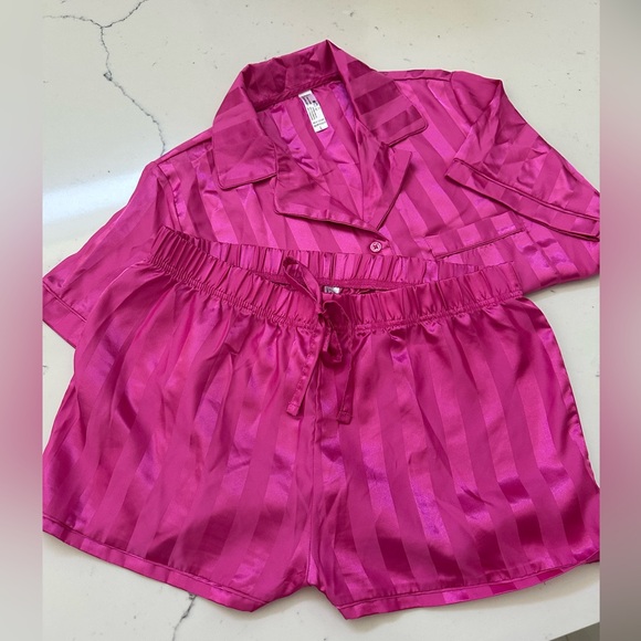Other - Vibrant Striped Satin Pajama Set – Hot Pink Luxe Lounge Set Size L